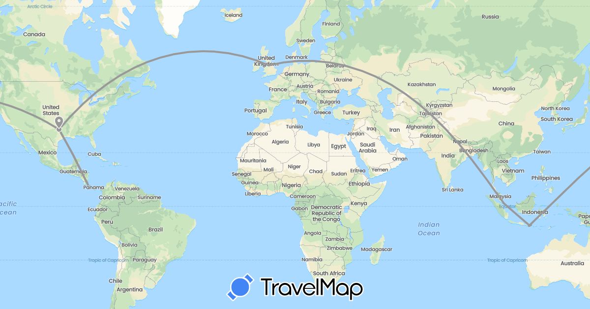 TravelMap itinerary: driving, plane in Costa Rica, United Kingdom, Indonesia, Singapore, United States (Asia, Europe, North America)